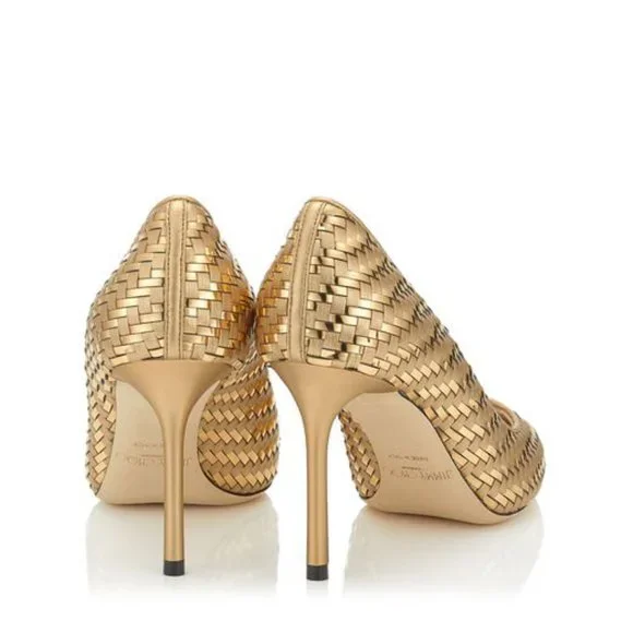 Jimmy Choo Romy 85 Gold Mix Woven Metallic Fabric Pointy Toe Pump Sz/ 8.5 - Picture 3 of 15